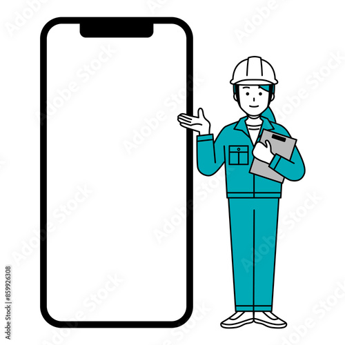 白い画面の大きいスマートフォンと緑の作業服の女性