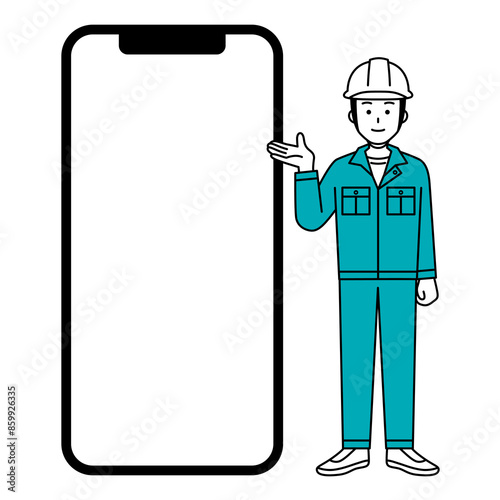 白い画面の大きいスマートフォンと緑の作業服の男性