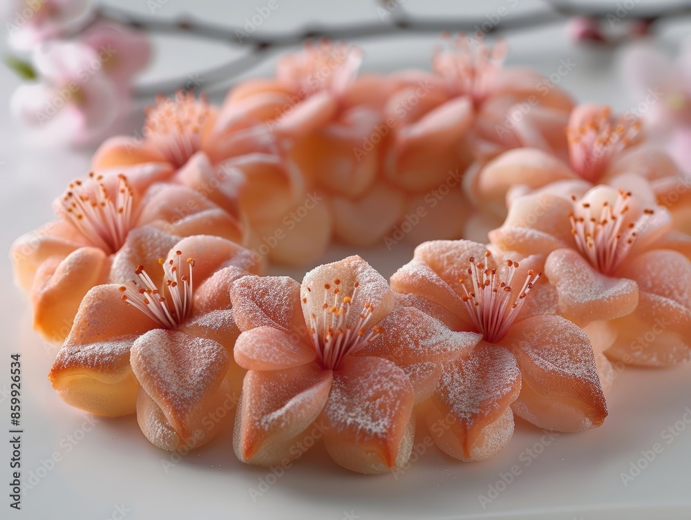 Plum Blossom Bread A delicate plum blossomshaped bread, with small, rounded petals and a light pink hue, each petal slightly dusted with powdered sugar Plum Blossom Bread A delicate plum blossomshaped bread, with small, rounded petals and a light pink hue, each petal slightly dusted with powdered sugar