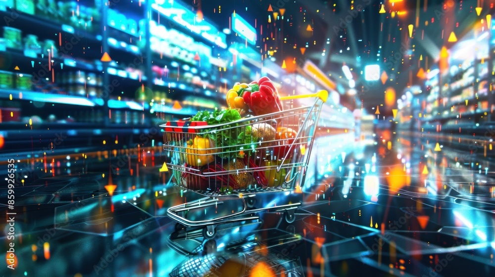 Shopping Cart Filled with Fresh Produce in a Digital Supermarket Shopping Cart Filled with Fresh Produce in a Digital Supermarket