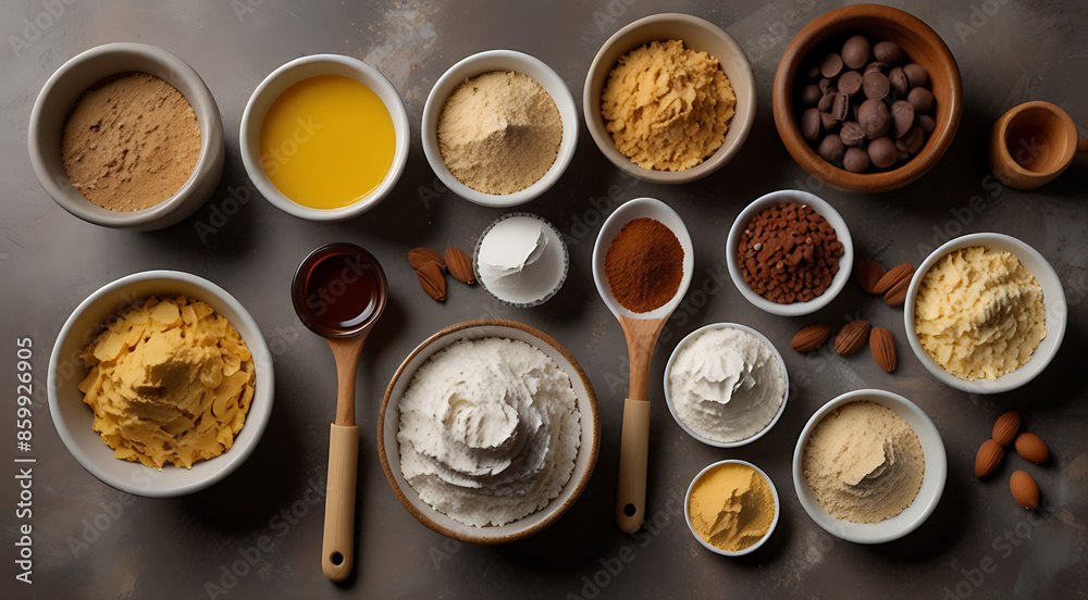 A top-view composition of baking ingredients displayed on a kitchen counter. Arrange items such as flour, sugar, eggs, vanilla extract, and chocolate chips in a mouth-watering layout, with space for b