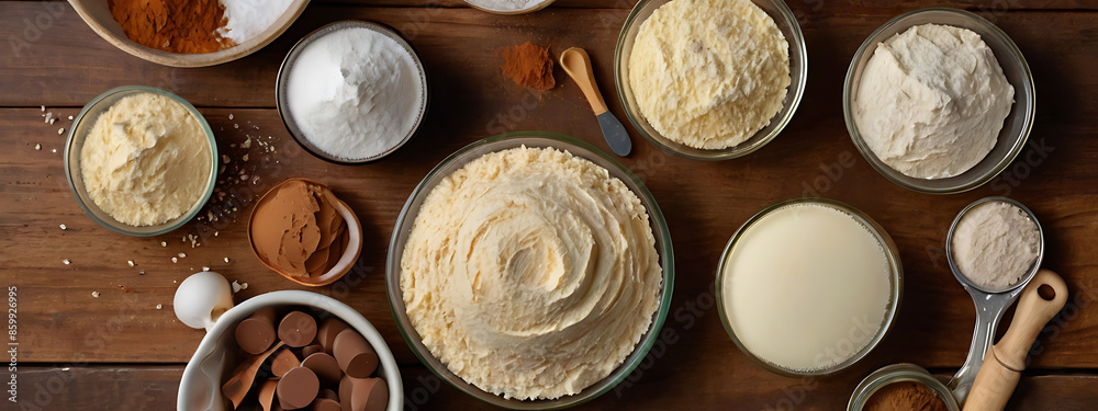 A top-view composition of baking ingredients displayed on a kitchen counter. Arrange items such as flour, sugar, eggs, vanilla extract, and chocolate chips in a mouth-watering layout, with space for b A top-view composition of baking ingredients displayed on a kitchen counter. Arrange items such as flour, sugar, eggs, vanilla extract, and chocolate chips in a mouth-watering layout, with space for b