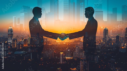 Wallpaper Mural Silhouettes of two businessmen shaking hands, with a cityscape in the background. Torontodigital.ca