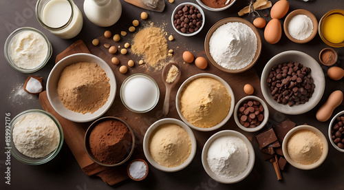 A top-view composition of baking ingredients displayed on a kitchen counter. Arrange items such as flour, sugar, eggs, vanilla extract, and chocolate chips in a mouth-watering layout, with space for b