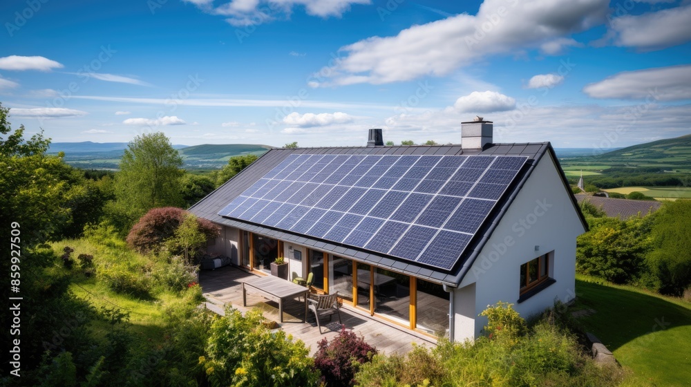 Sustainable Living: Eco-Friendly House with Solar Panels in Scenic Countryside