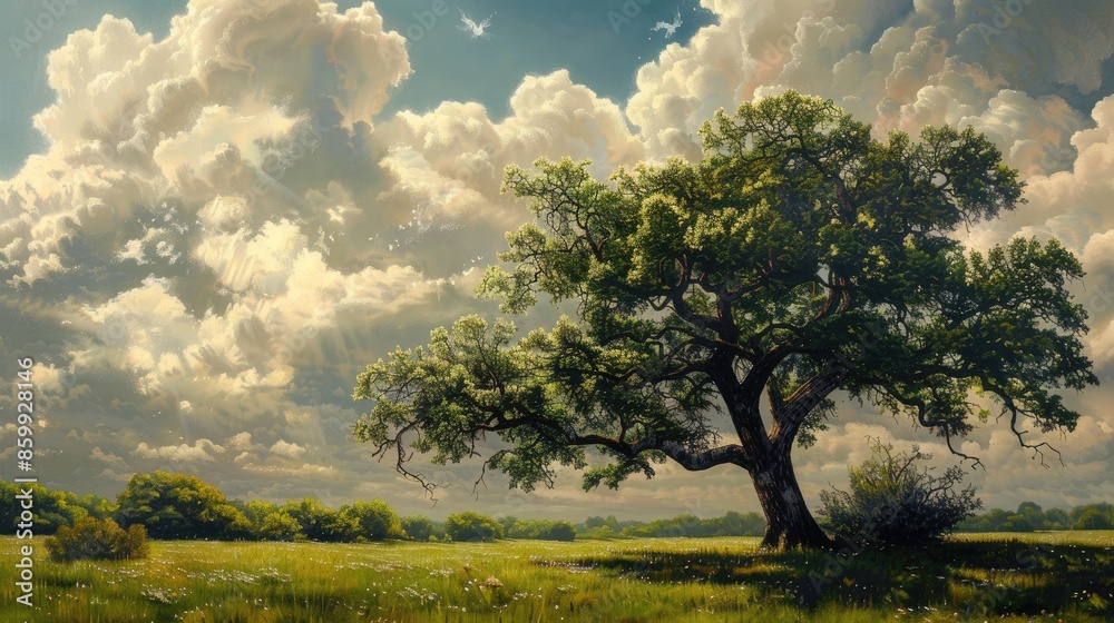 Fototapeta premium Large Oak Tree in a Verdant Field