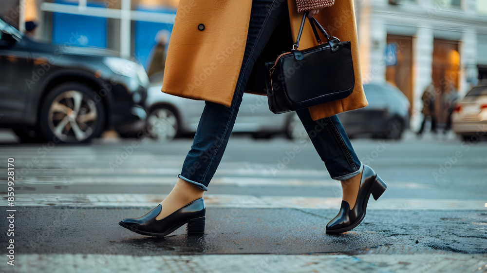 Fototapeta premium Side view woman walking street in fashionable spring or autumn clothes cashmere coat jeans black loafers shoes and handbag Female model in motion street style fashion close up legs : Generative AI
