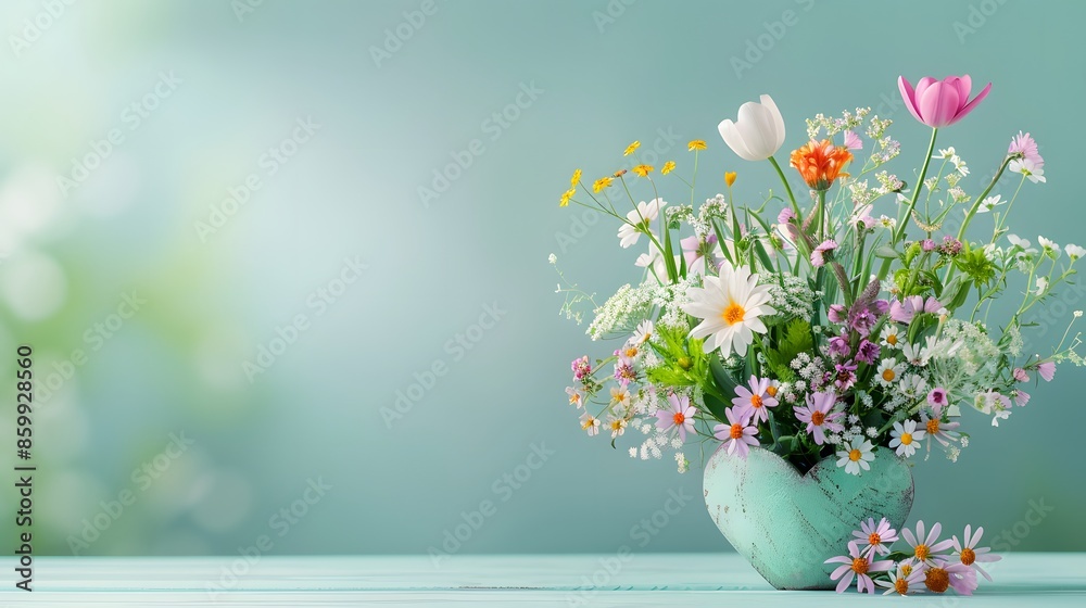 A heart-shaped gift box adorned with a mix of vibrant flowers, placed on a light pastel background, featuring ample empty space for text. List of Art Media, Features empty space for text Photograph A heart-shaped gift box adorned with a mix of vibrant flowers, placed on a light pastel background, featuring ample empty space for text. List of Art Media, Features empty space for text Photograph