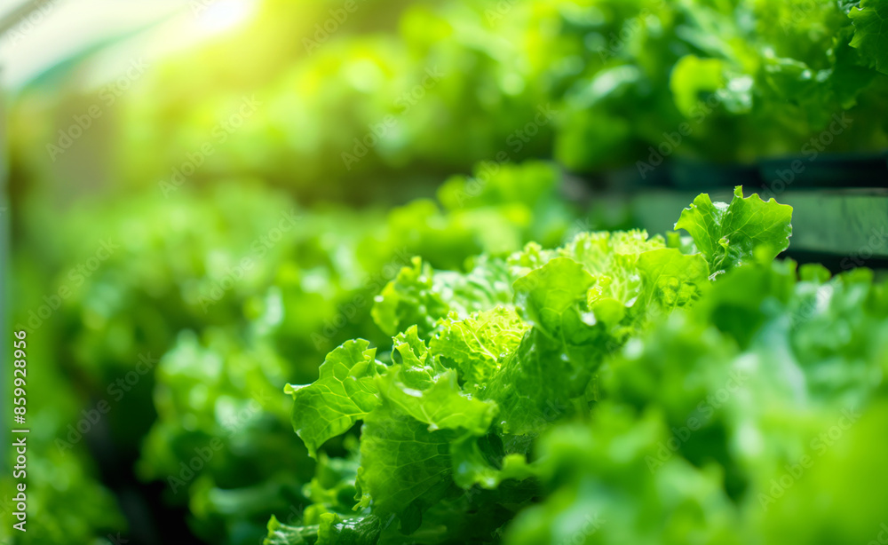 Lush green lettuce growing under LED lights in a vertical farm.