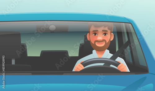 Happy man driving a car. The driver is driving a vehicle. Vector illustration