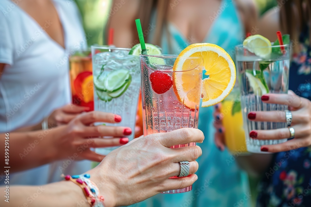 Fototapeta premium Friends holding colorful summer drinks with fruit garnishes