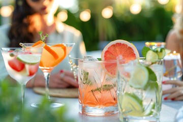 Assorted refreshing summer cocktails on table with woman in back