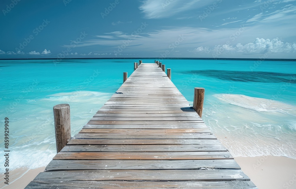 The photo shows a wooden dock extending out into a calm blue sea. The photo shows a wooden dock extending out into a calm blue sea.