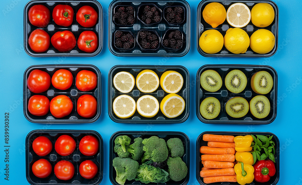Variety of fresh fruits and vegetables in black plastic trays on a blue background.
Variety of fresh fruits and vegetables in black plastic trays on a blue background.