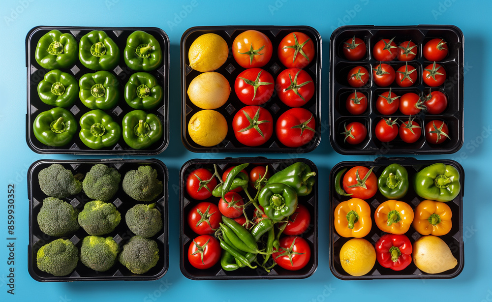 Variety of fresh fruits and vegetables in black plastic trays on a blue background.
Variety of fresh fruits and vegetables in black plastic trays on a blue background.