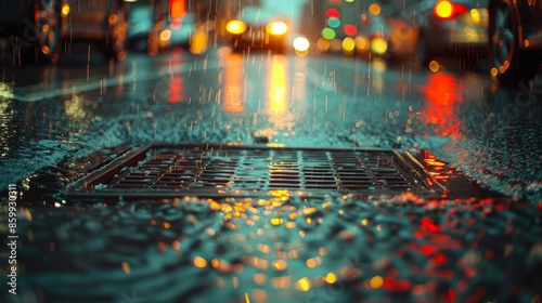 Rainy Night Street Scene with Colorful City Lights and Reflections photo