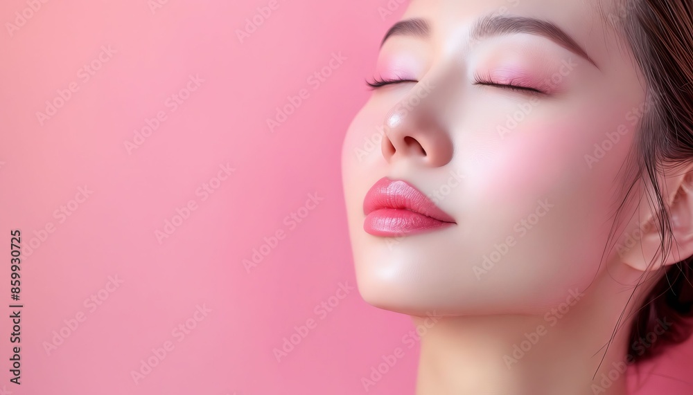 A woman with closed eyes and pink background. A woman with closed eyes and pink background.