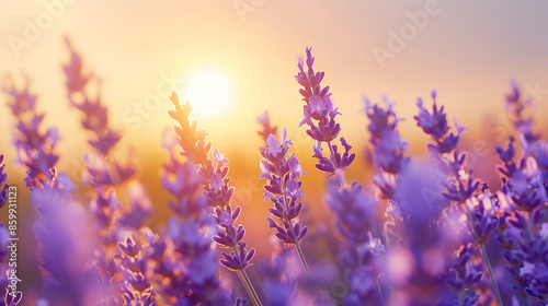 beautiful lavender flower garden in the afternoon, the round sun sinks slightly, Ai generated Images photo