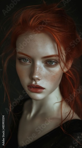 A woman with red hair and freckles.