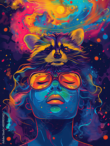 Playful Raccoon and Woman 2D Illustration Portrait - Creative Animal Art Design