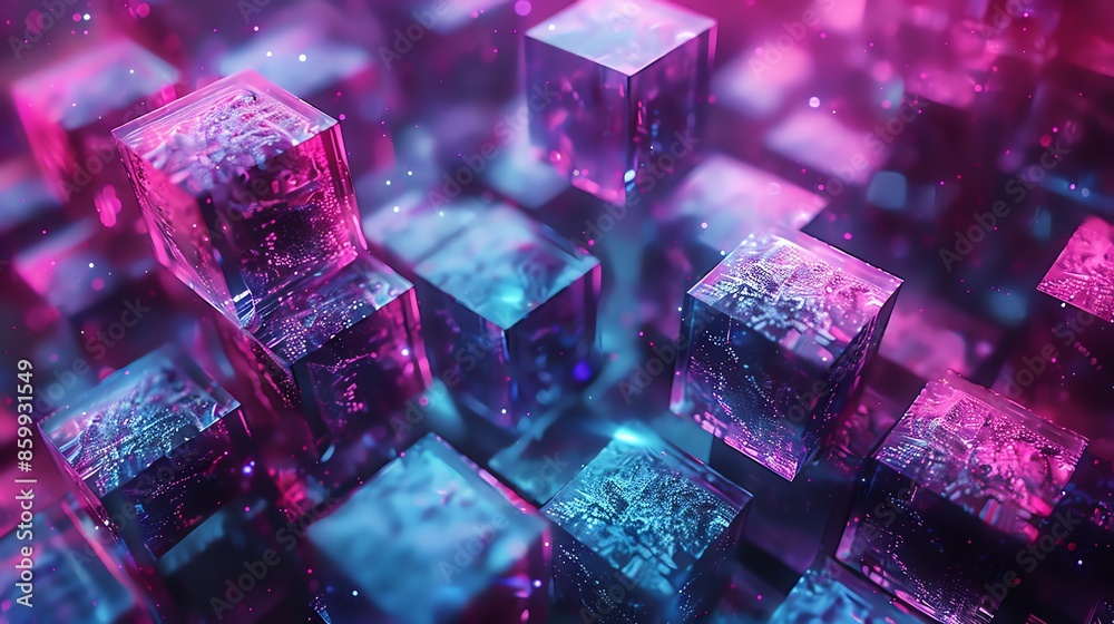 Abstract background of pink and blue glowing cubes. Abstract background of pink and blue glowing cubes.