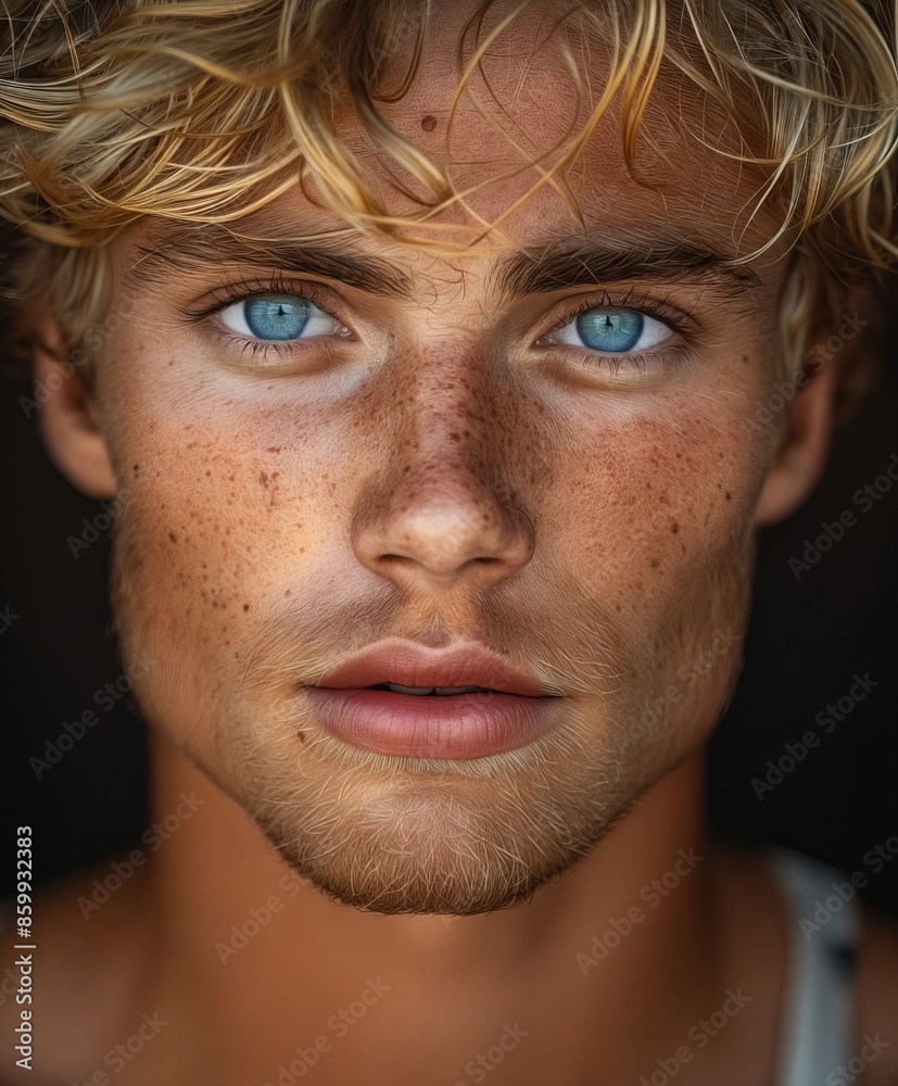A young man with freckled skin and blue eyes. A young man with freckled skin and blue eyes.