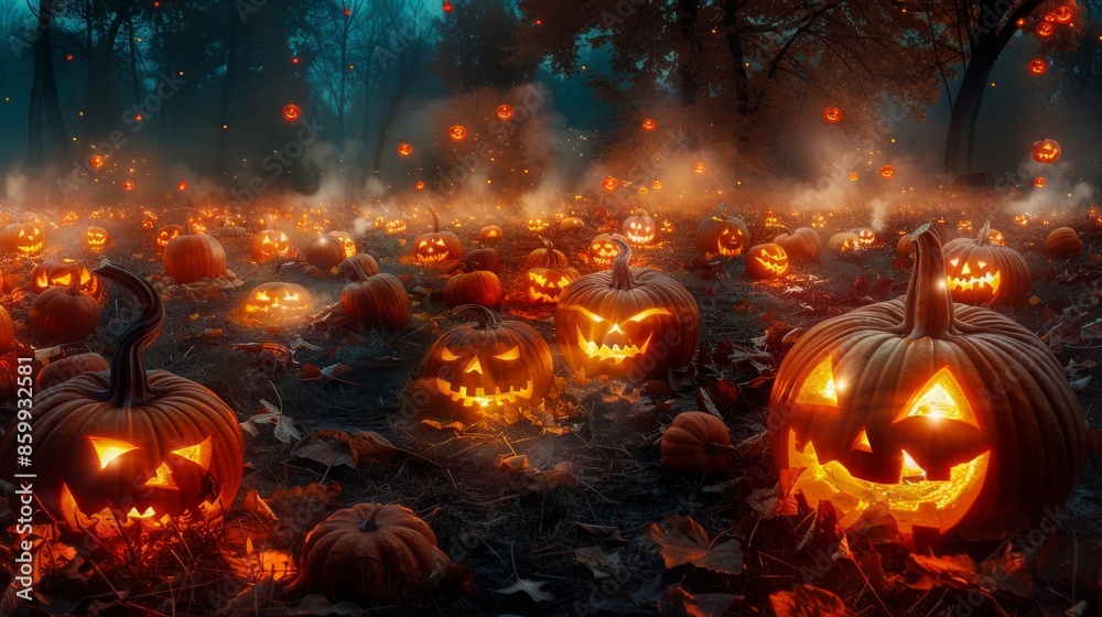 The enchanting atmosphere of the pumpkin patch at night which has glowing jack-o'-lanterns And in the background there is mist and scattered autumn leaves. The enchanting atmosphere of the pumpkin patch at night which has glowing jack-o'-lanterns And in the background there is mist and scattered autumn leaves.