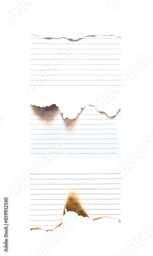 Notebook paper burned half isolated on white background with clipping path
