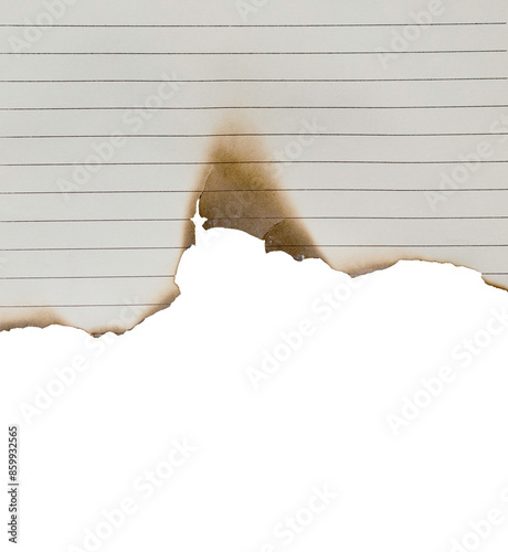 Notebook paper burned half isolated on white background with clipping path
