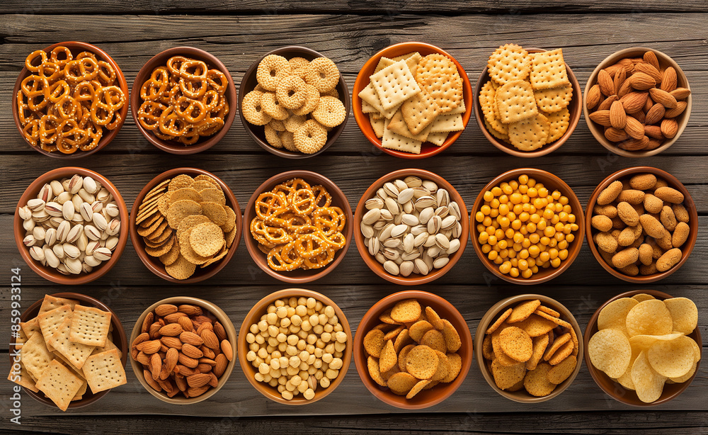 Assorted snacks in wooden bowls on a rustic table. Assorted snacks in wooden bowls on a rustic table.