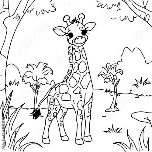 giraffe, animal, cartoon, vector, illustration, safari, zoo, mammal, wild, nature, baby, animals, art, wildlife, neck, fun, funny, tall, jungle, cute, drawing, character, zebra, tree, design