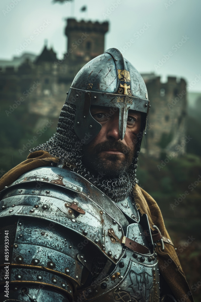 Naklejka premium Portrait of a Medieval Warrior by Castle Walls