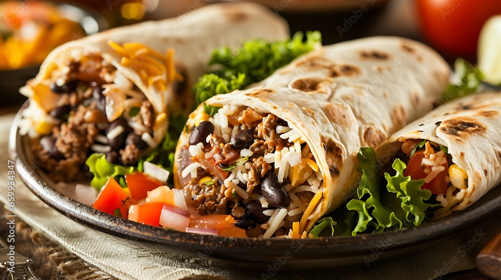 A close up view of burritos served on a plate on a dining table A close up view of burritos served on a plate on a dining table