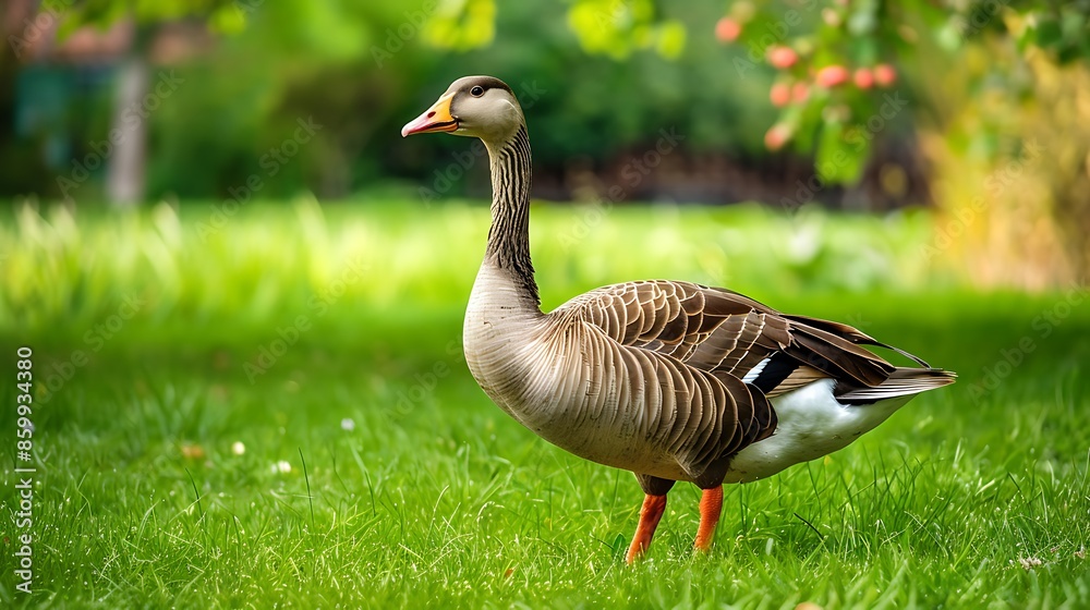 A closeup of a domestic goose in a garden area standing on green grass A closeup of a domestic goose in a garden area standing on green grass