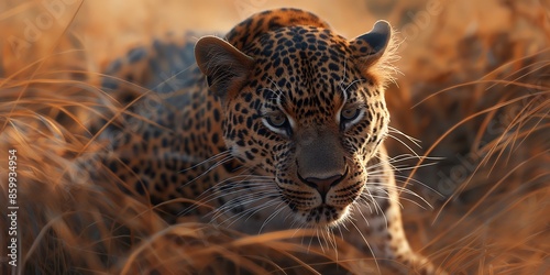 portrait of a leopard, Leopard in Savannah A stealthy leopard crouching in the tall grasses of the savannah, captured in a full-body shot, highlighting its powerful muscles and intense focus. 