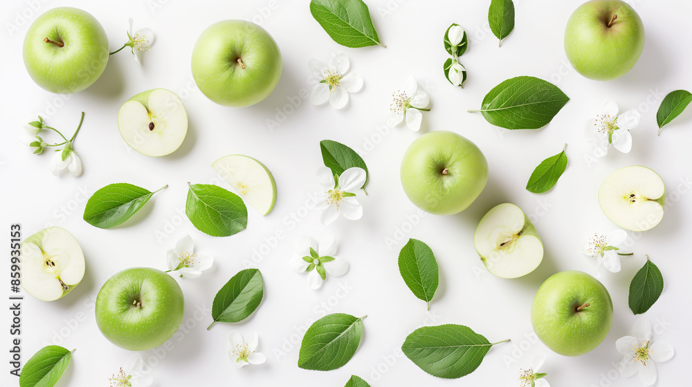 Green apples and white flowers arranged on a white background. Green apples and white flowers arranged on a white background.