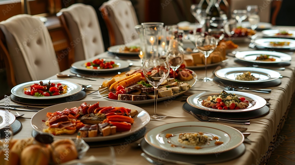 a large table with a tablecloth served with plates with cloth napkins with knives and glasses with food a large table with a tablecloth served with plates with cloth napkins with knives and glasses with food