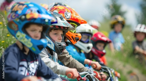 Young Children with Colorful Helmet Stickers Ready for Downhill Balance Bike Race