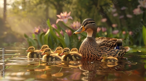 A mother duck and her ducklings are swimming in a pond the scene is peaceful and serene © Alexander