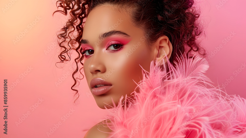 Fototapeta premium Portrait of a beautiful young tanned woman with a high hairstyle in a pink top and feathers Advertising of decorative cosmetics Bright eye makeup pink shadows Fashion glamorous clothes : Generative AI