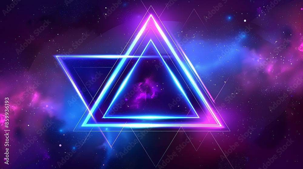Obraz premium Abstract neon background blue glowing triangle frame purple space ultraviolet light
