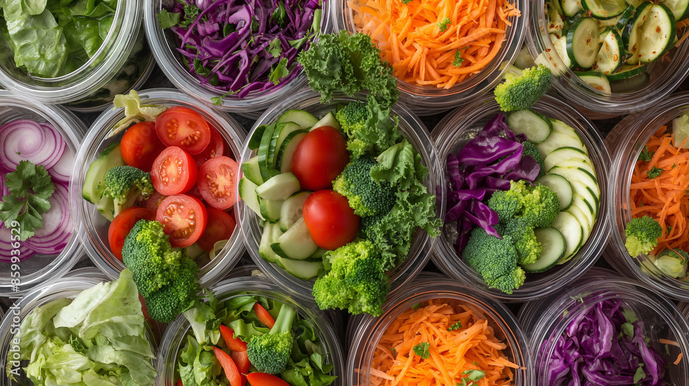 Fresh vegetables in plastic containers organized in a grid. Fresh vegetables in plastic containers organized in a grid.