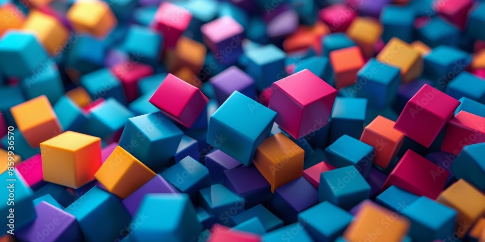 Multi-colored blocks scatter on a dark blue background, bright colors