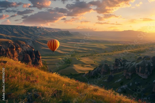 Hot Air Balloon Soaring Over Cappadocia at Sunset © YuDwi Studio
