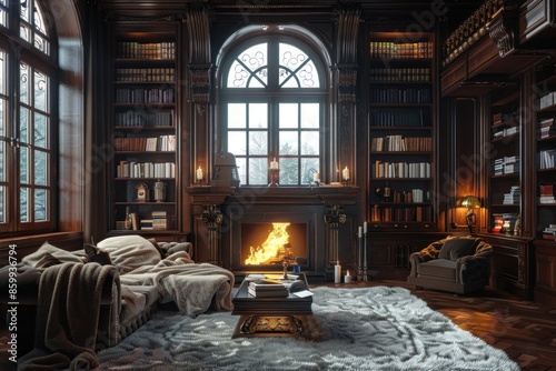 Cozy classic library with rich wooden bookshelves, a roaring fireplace, and a comfortable seating area by the window.