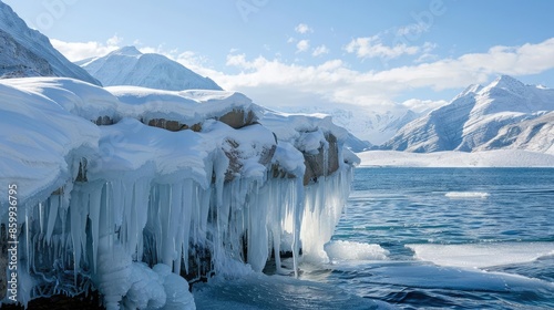 Ice formations, snow-capped mountains, frozen landscape photo