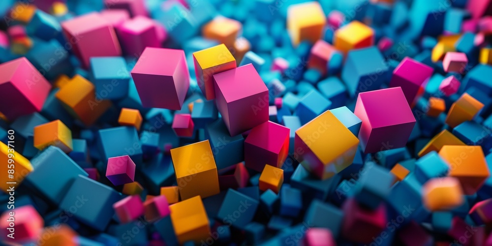 Multi-colored blocks scatter on a dark blue background, bright colors Multi-colored blocks scatter on a dark blue background, bright colors