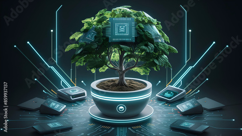 The tree growing on a digital plant pot. This symbolizes the convergence of eco-technology and green computing, embodying the principles of Green IT, CSR, and IT ethics. photo