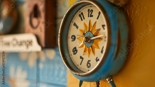 Close up of vintage retro sun clock with text 