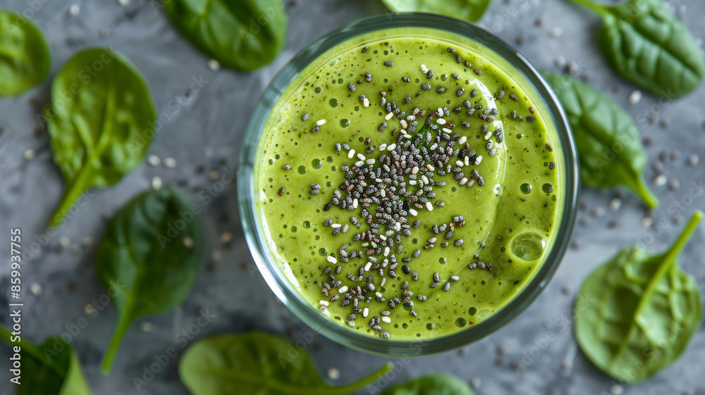 Spinach Shake with Chia Seeds in Glass Spinach Shake with Chia Seeds in Glass